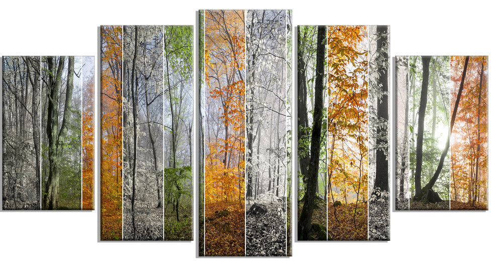 Wood Panorama Changing Seasons, Landscape Canvas Art Print, 60"x32", 5 Panels