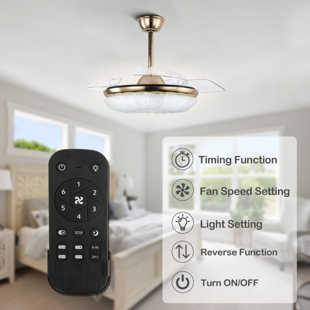 CurveCurio 42" Retractable Ceiling Fan with Matte Gold Finish & LED Lights