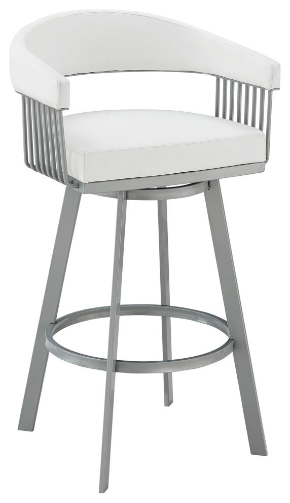 30" Mod White Faux Leather Silver Finish Swivel Bar Stool