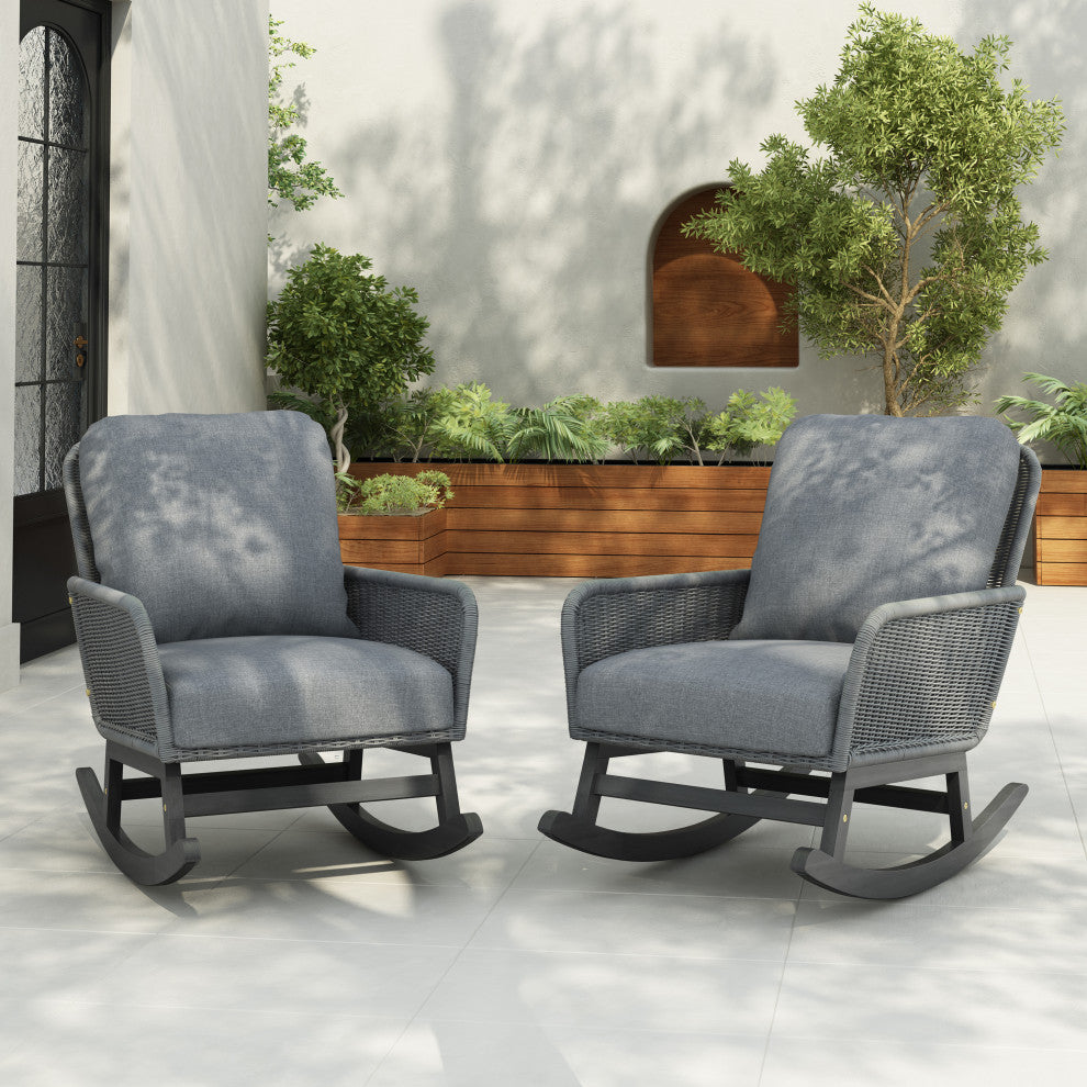 GDF Studio Outdoor PE Rattan Rocking Chair With Cushions, Gray, Set of 2