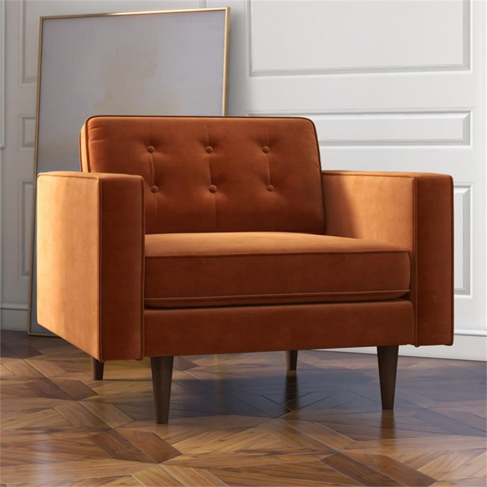Pemberly Row Mid Century Modern Style Tufted Wide Velvet Armchair in Orange