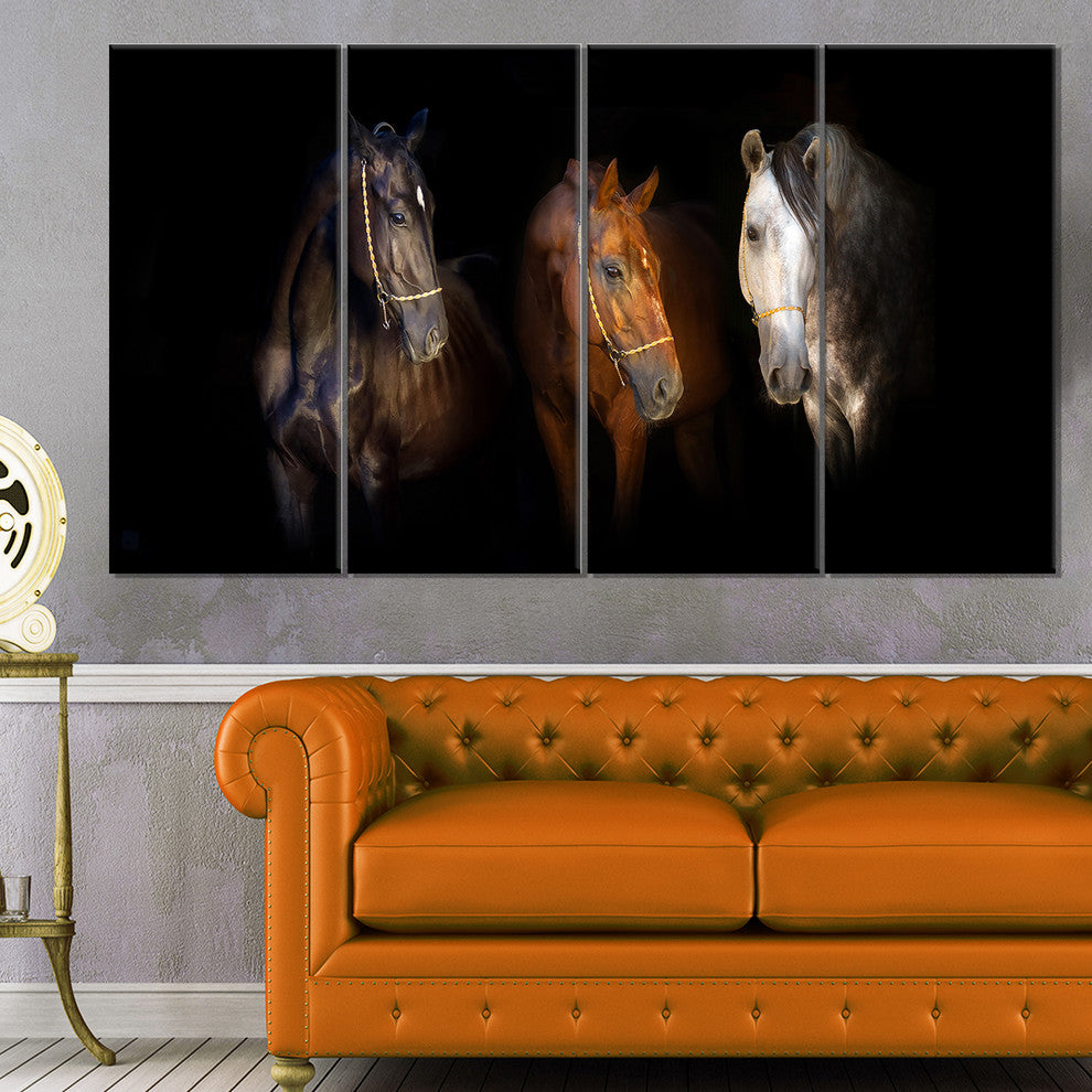 Three Horses with Golden Bridle, Animal Canvas Art Print, 48"x28", 4 Panels