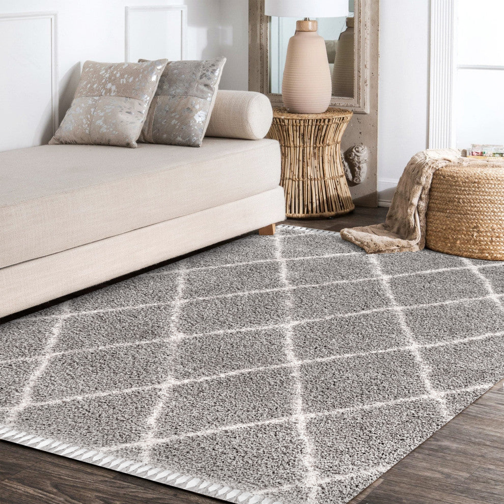 Mercer Shag Plush Tassel Moroccan Geometric Trellis Area Rug, Grey/Cream, 8 X 10