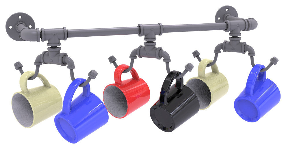Pipeline Wall Mounted 6 Coffee Mug Rack, Matte Gray