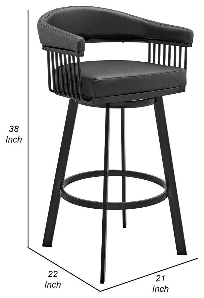 Benzara BM282070 Modern Bar Stool, Vegan Faux Leather, Slats, Swivel, Black