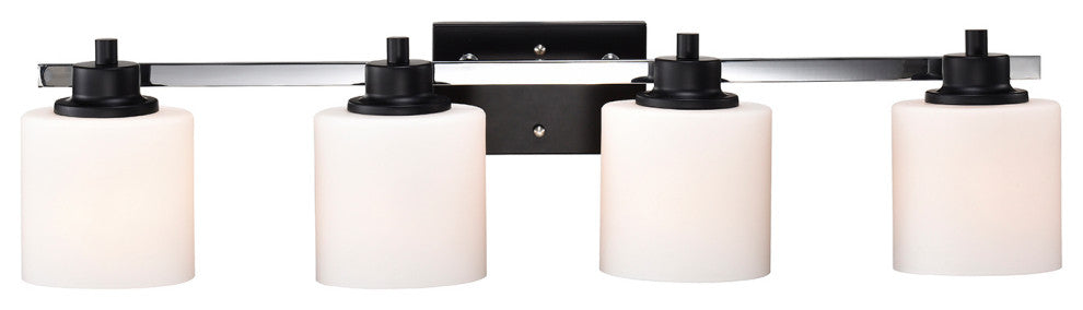 4-Light Black and Chrome Finish Vanity Lights With Etched White Glass Shades