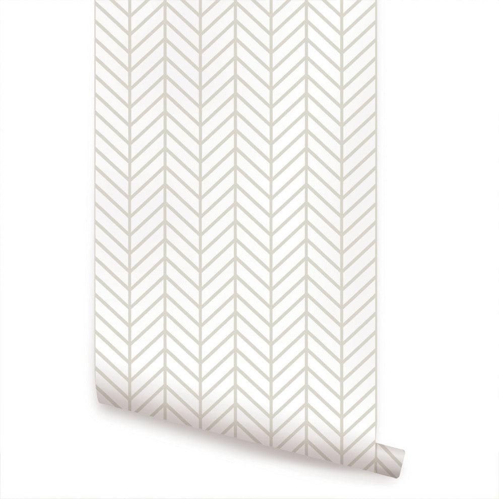 Herringbone Line Peel and Stick Vinyl Wallpaper , Beige, 24"w X 60"h