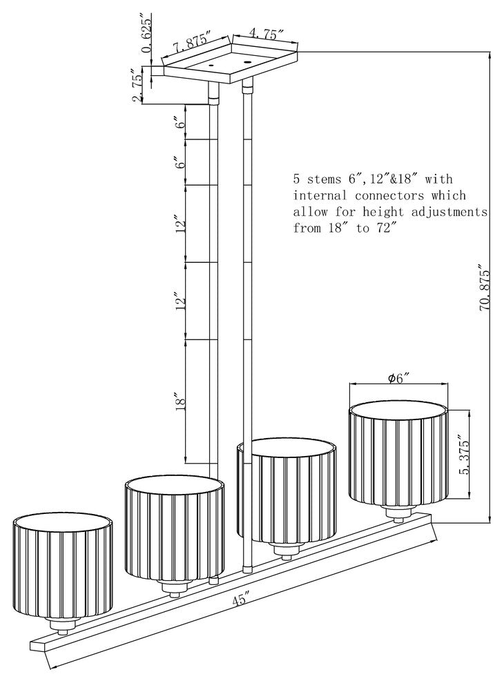 4 Light Island Pendant, Brushed Nickel, Frosted Ribbed Glass