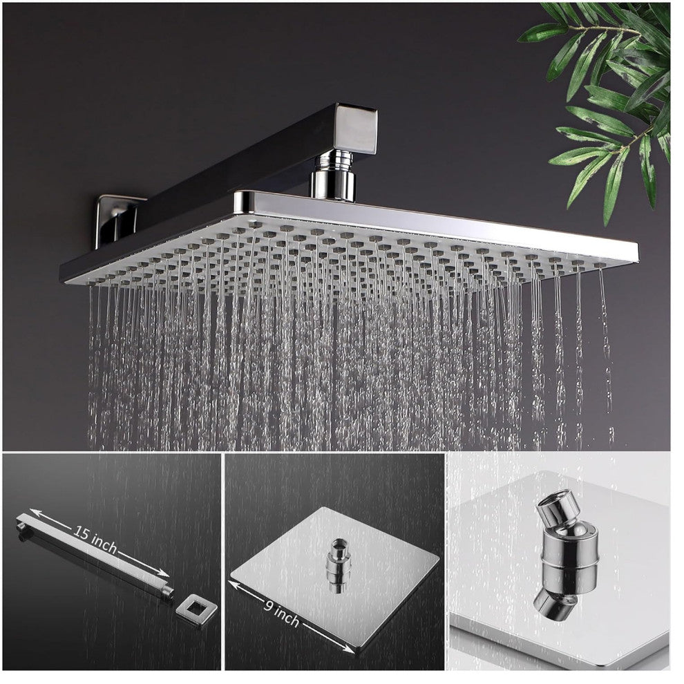 CASAINC 9" Wall Mounted Square Shower System Set Single Handle, Chrome
