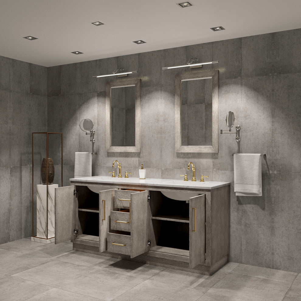 Hugo 72 Double Sink White Marble Countertop Vanity, Gray Oak With Mirrors