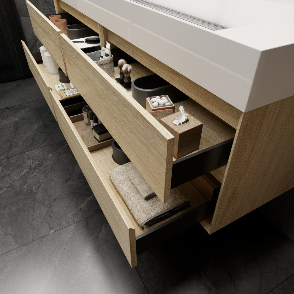 MAX 72" Double Floating Bath Vanity With Acrylic Sink, Coffee Wood