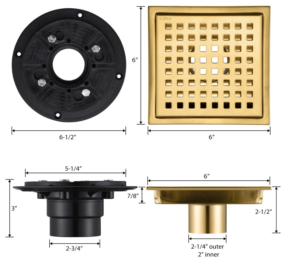 Luxier 6" Square Shower Floor Drain FD01-6, Brushed Gold
