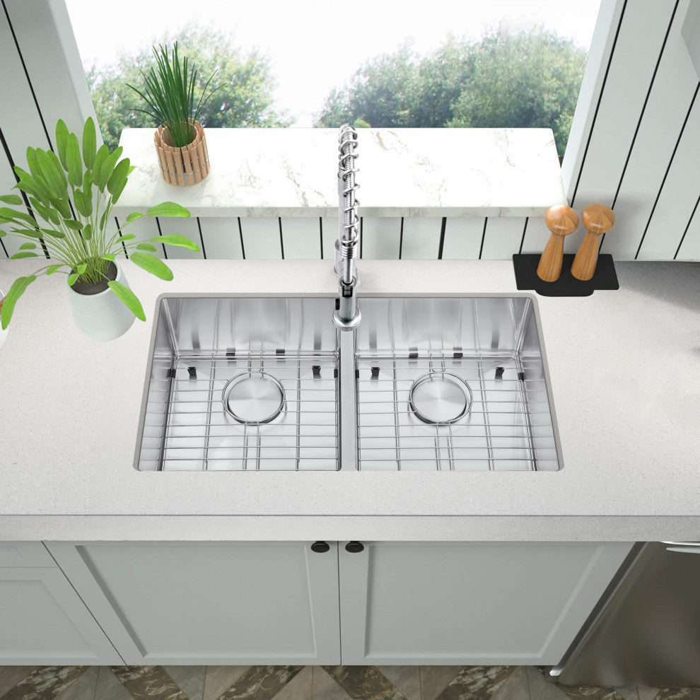32"Undermount Kitchen Sink and Faucet  Drain AssemblyandStrainer, Bottom Grid