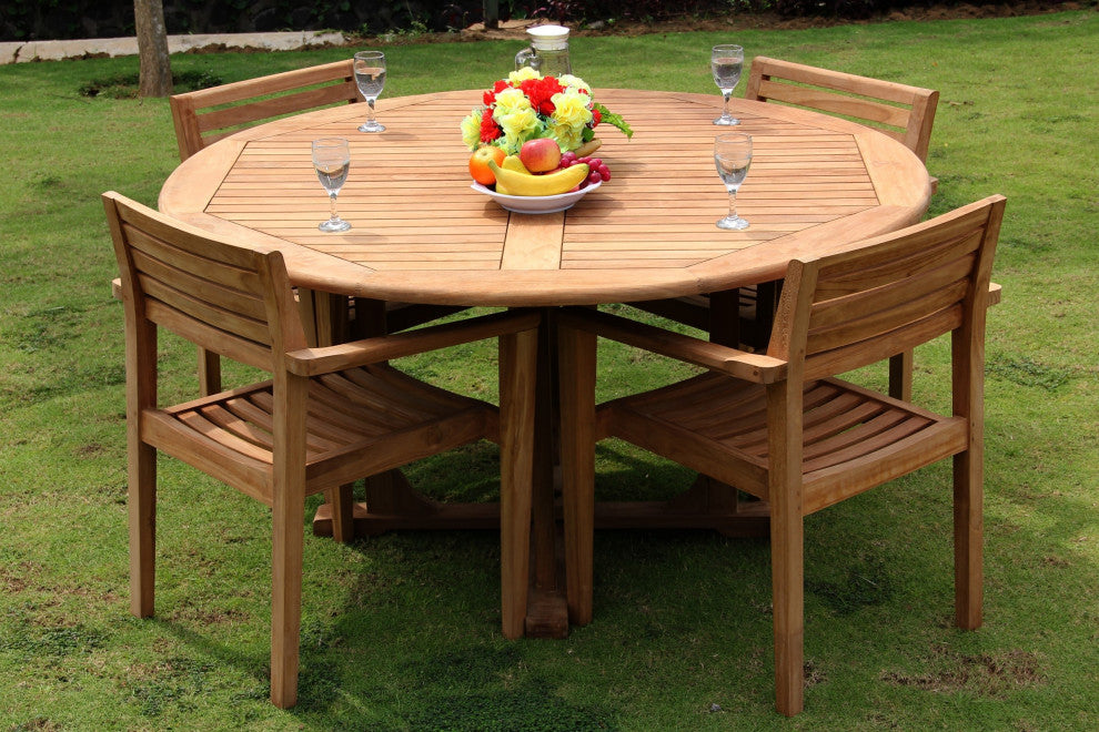 5-Piece Outdoor Teak Dining Set, 60" Round Table, 4 Montana Stacking Chairs