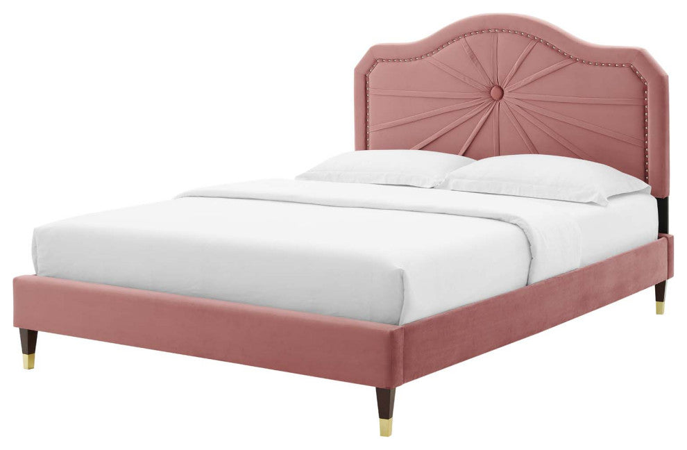 Platform Bed Frame, Full Size, Velvet, Pink, Modern Contemporary, Bedroom Master