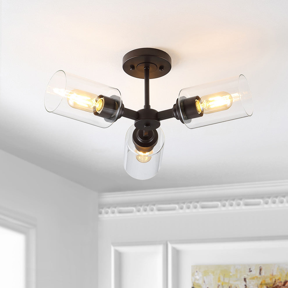 Jaymes 20" 3-Light Farmhouse Iron LED Semi Flush Mount, Oil Rubbed Bronze/Clear