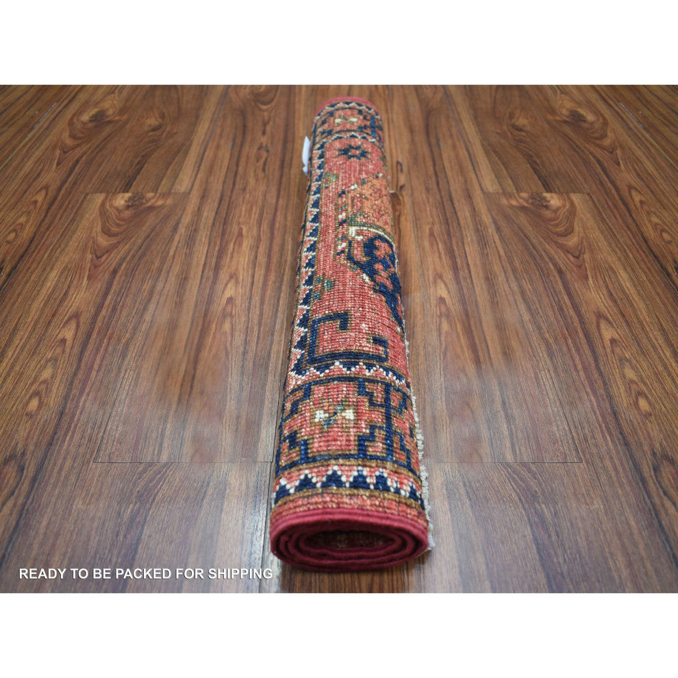 Coral Red Natural Dyes Afghan Ersari Pure Wool Hand Knotted Rug, 2'1" x 2'10"