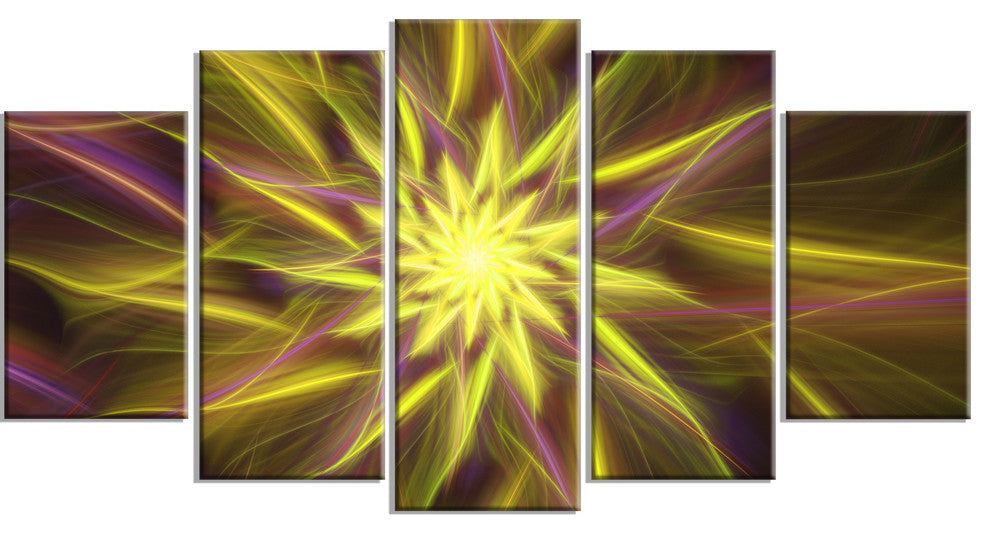Shining Golden Exotic Fractal Flower, Floral Canvas Art Print, 60"x32", 5 Panels