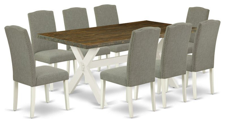 X077En206-9, 9-Piece Dinette Set Table Top and 8 Chairs, Linen White