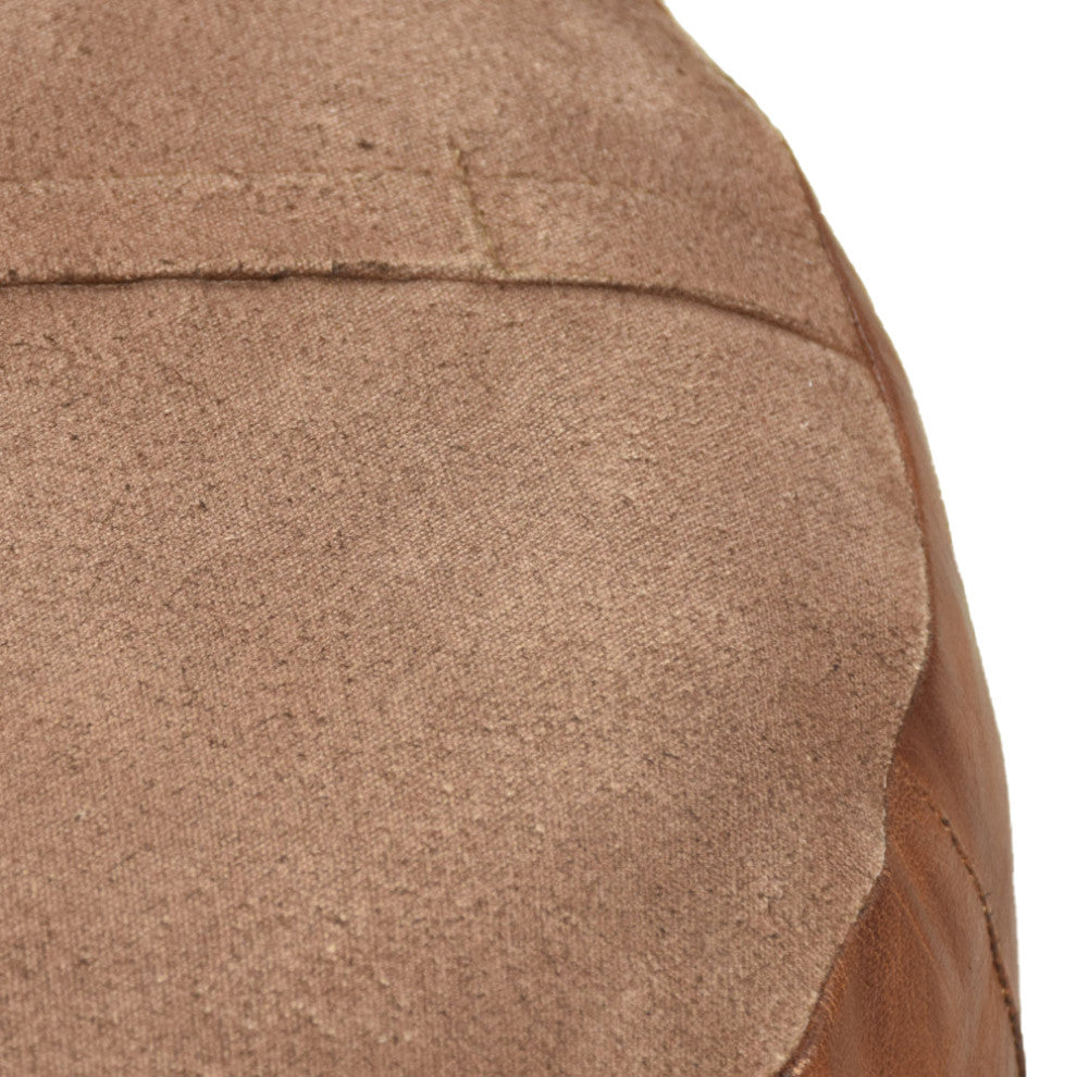 Geometric Handmade Leather Pouf, Recycled Foam With Fiber Fill, Cognac Color, Round, 16x16x16