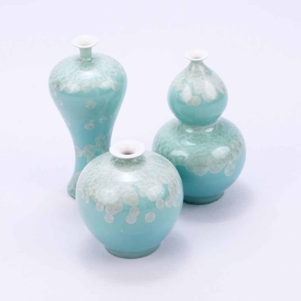 Chinoiserie Green Crystal Shell Porcelain Vases, Set of 3