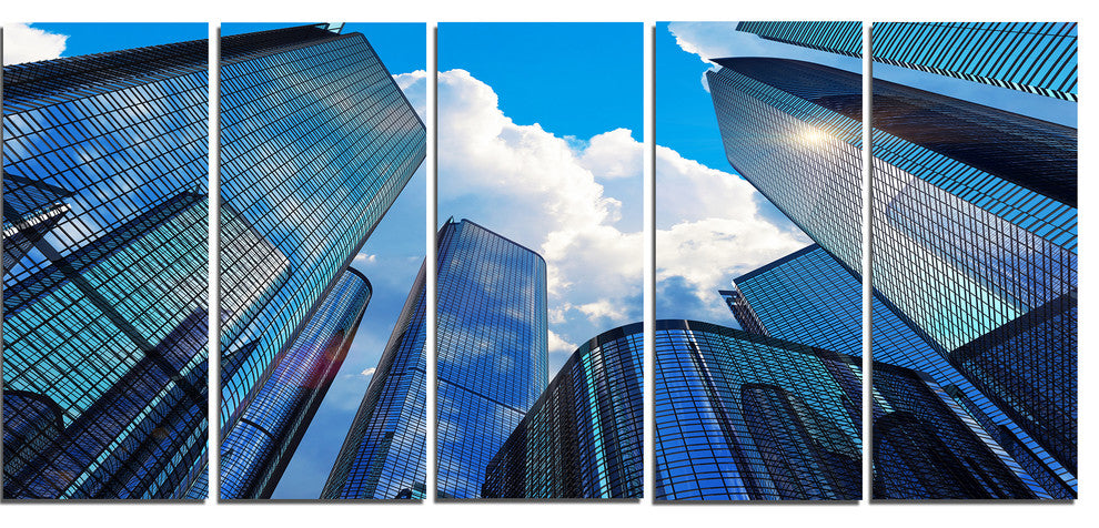 Elevated Business Buildings, Cityscape Canvas Art Print, 60"x28", 5 Panels