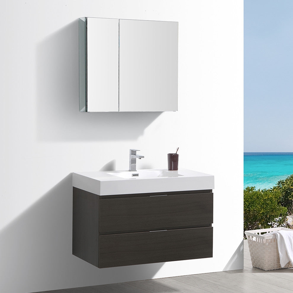 Valencia 36" Gray Oak Wall Hung Bathroom Vanity Set, Cabinet, Faucet, FFT1030BN