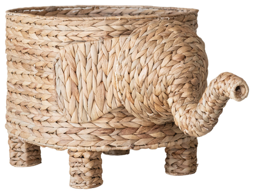Hand-Woven Water Hyacinth Elephant Shaped Basket, Natural