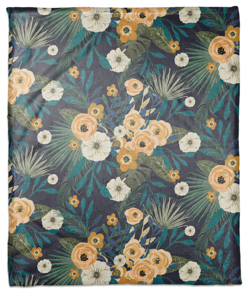 Navy Tropical Floral 50x60 Coral Fleece Blanket