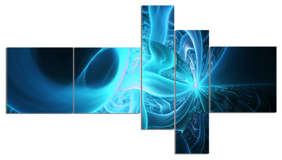 Shining Bright Blue on Black, Abstract Wall Art Canvas, 60"x32", 5 panels