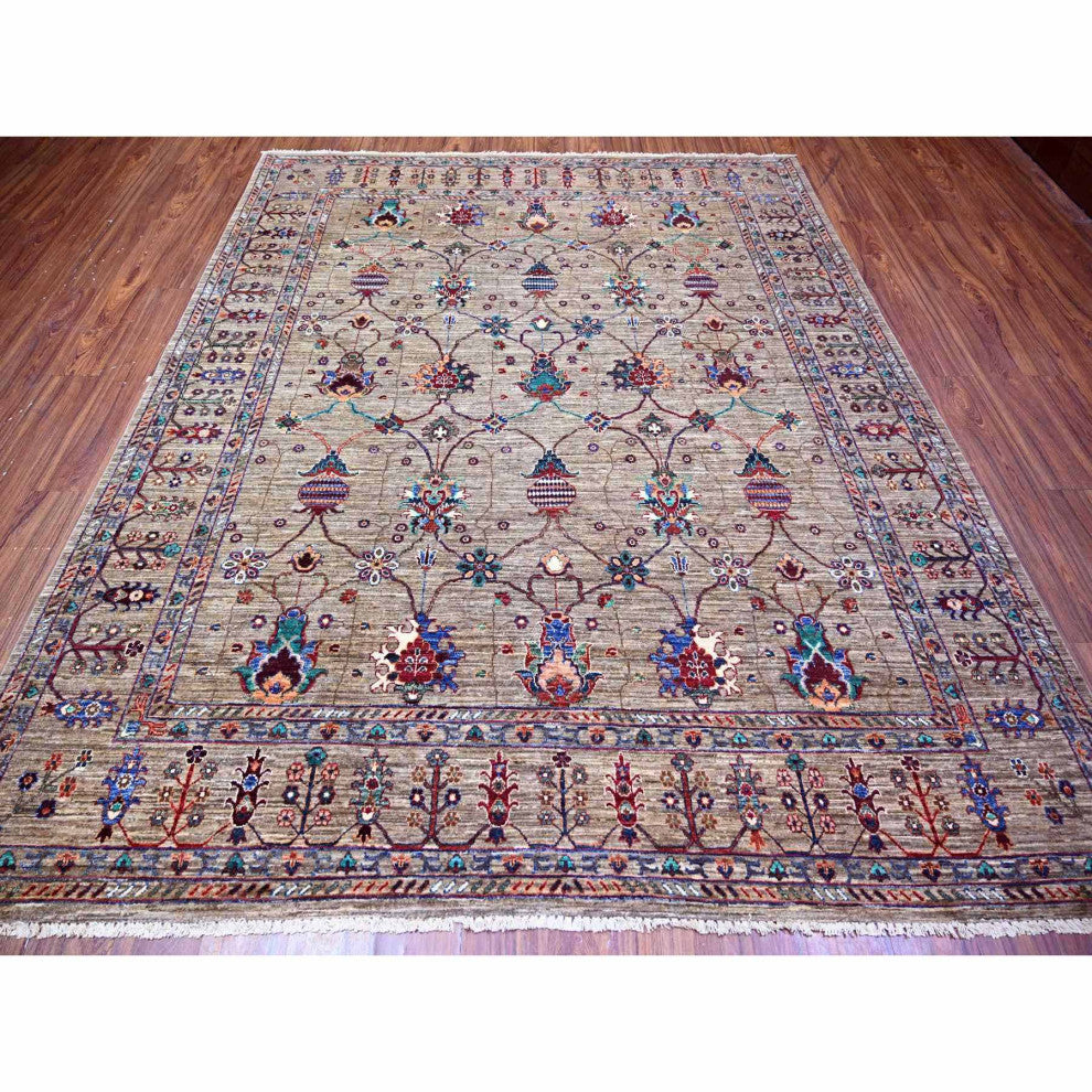 Carbon Gray Hand Knotted Sultani Pomegranate Design Wool Oriental Rug 7'9"x9'6"