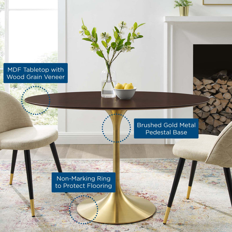 Dining Table, Oval, Wood, Gold Dark Brown Brown Walnut, Cafe Bistro Restaurant