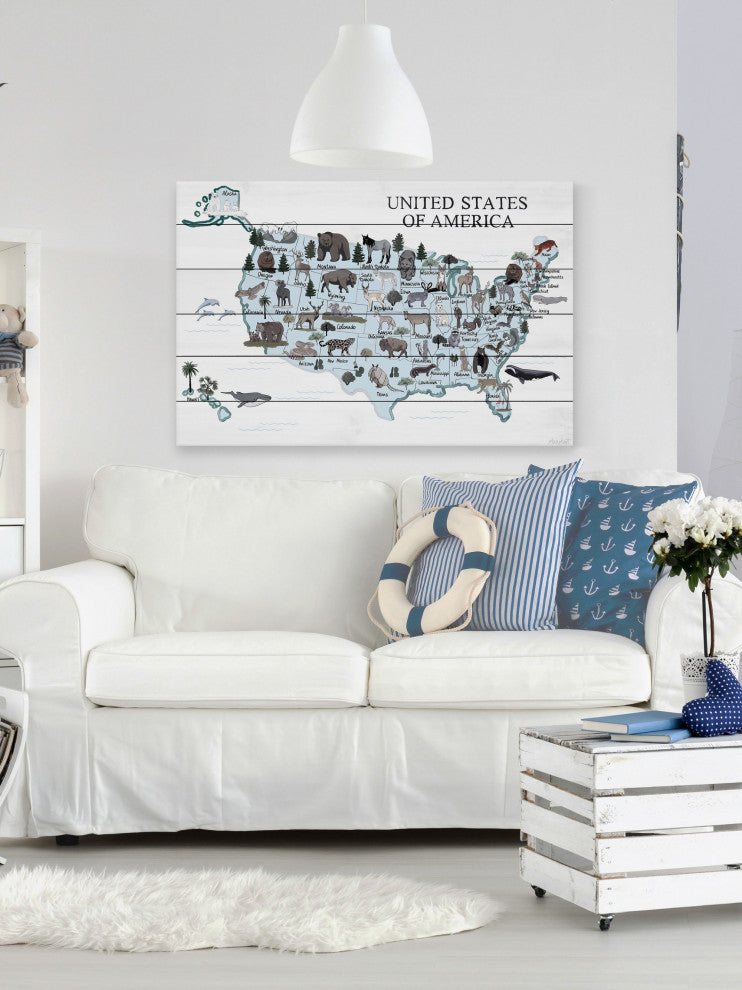 "Blue Animals Map" Painting Print on White Wood, 60x40