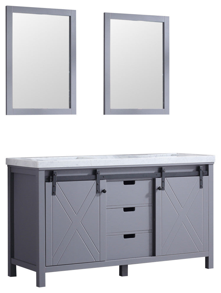 Marsyas 60" Dark Gray Double Vanity Carrara Marble Top Sinks, 24" Wall Mirrors