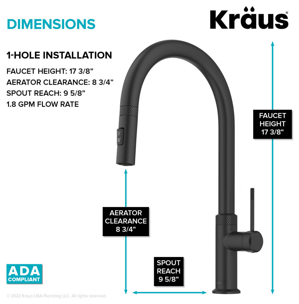 Oletto Pull-Down 1-Hole Kitchen Faucet, Matte Black, Model Kpf-2654mb