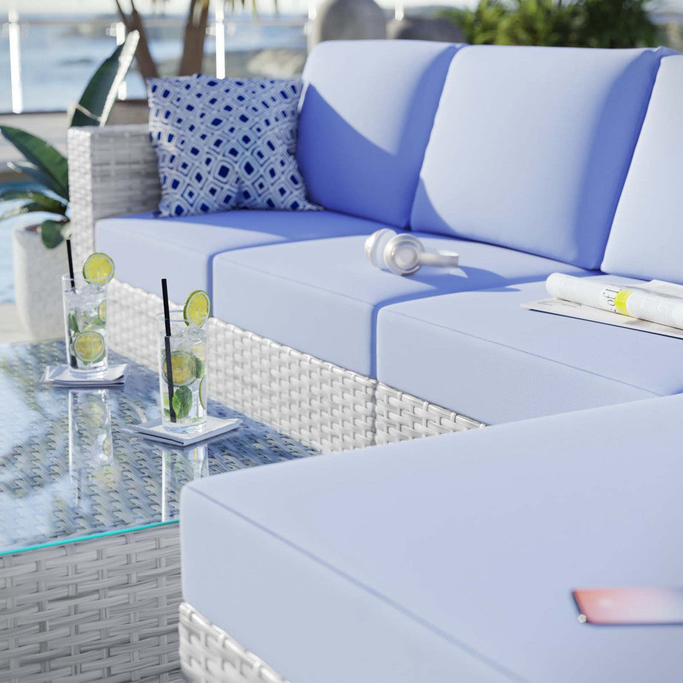 Lounge Sectional Sofa Chair Set, Rattan, Wicker, Gray Blue, Modern, Outdoor