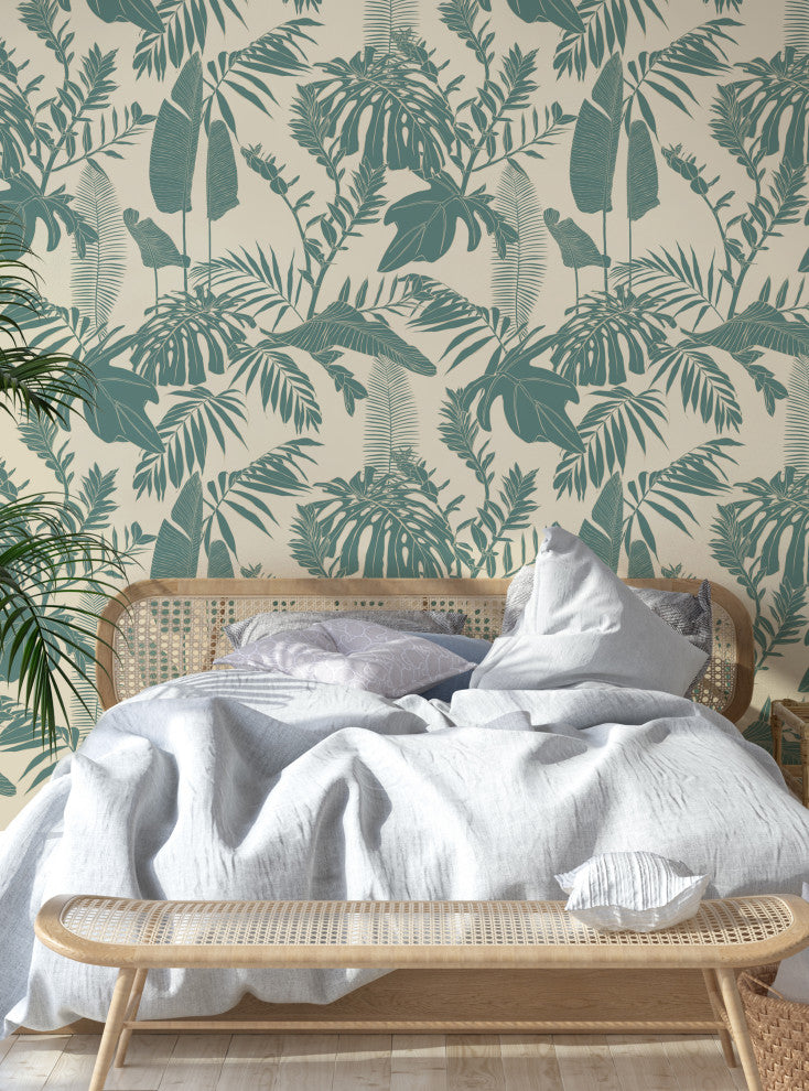 Hand Drawn Jungle Leaves Vinyl Peel and Stick Mural, Green, 24"x108", Single