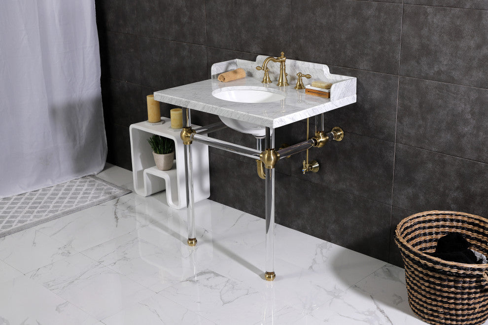Kingston Brass LMS3030MA7 30" Carrara Marble Console Sink, Acrylic Legs