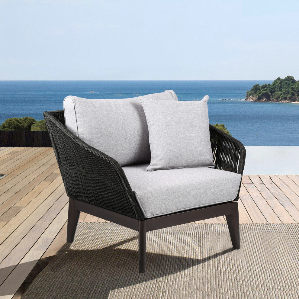 Athos Outdoor Club Chair With Latte Rope and Gray Cushions, Dark Eucalyptus