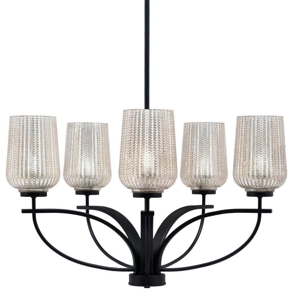 Cavella 5 Light Chandelier In Matte Black Finish, 5" Silver Textured Glass