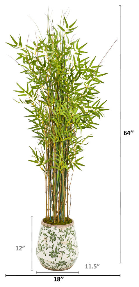 64" Grass Artificial Bamboo Plant, Floral Print Planter