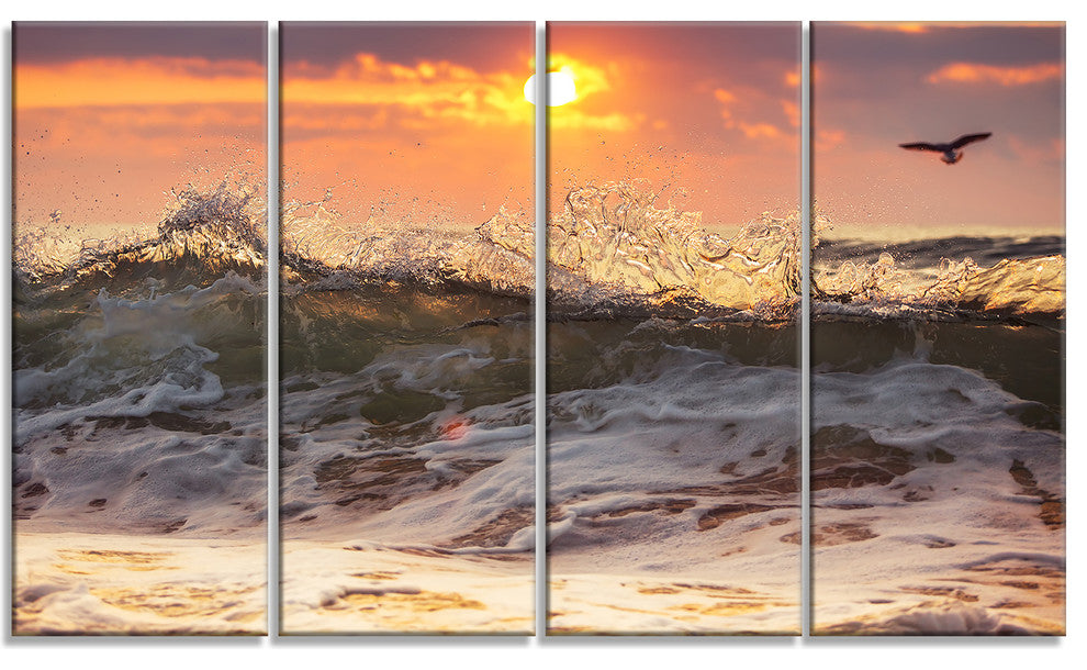 "Sunrise And Roaring Ocean Waves" Seashore Canvas Wall Art, 4 Panels, 48"x28"