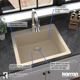 Karran QT-820 Top Mount 25" Single Bowl Quartz Kitchen Sink Kit, Bisque