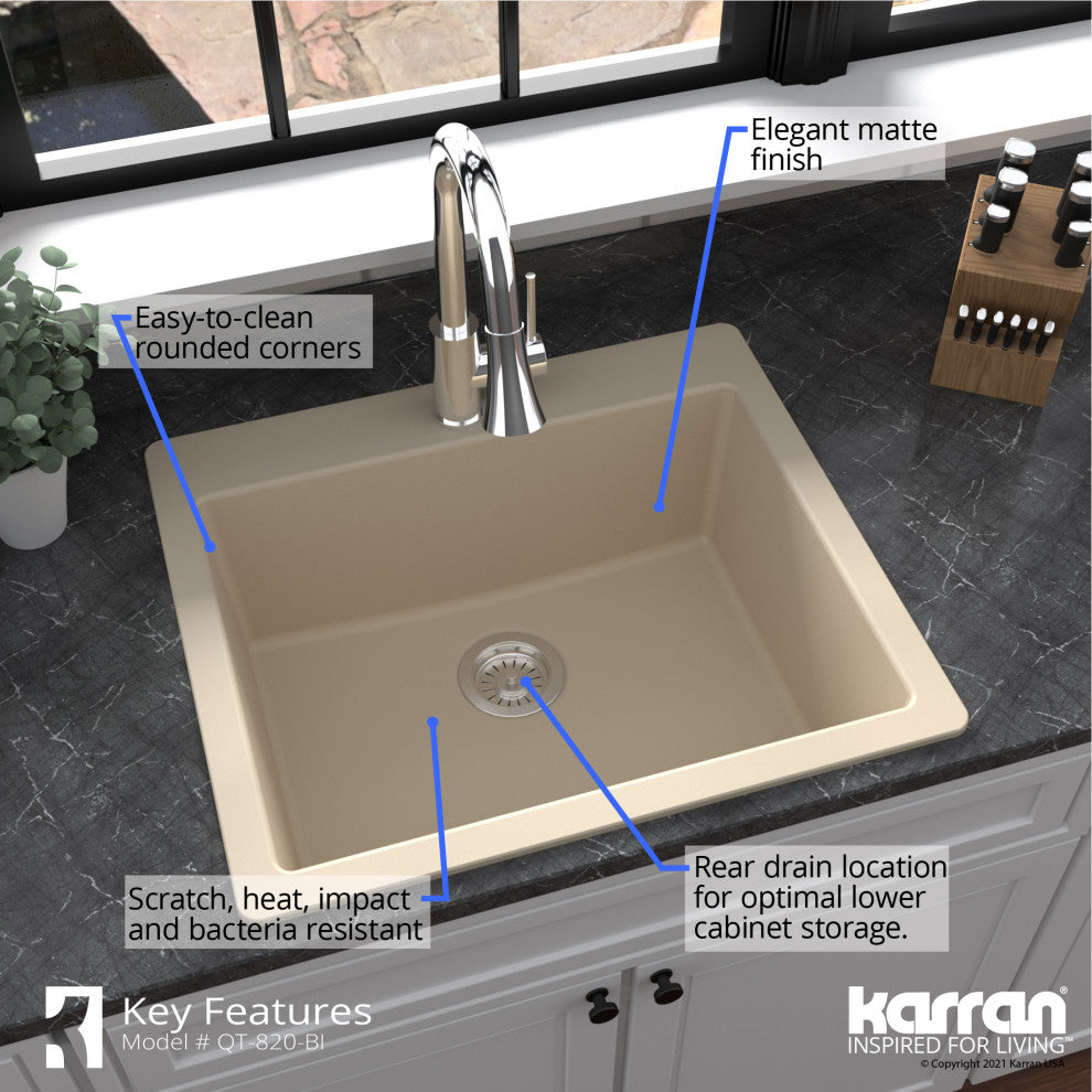 Karran QT-820 Top Mount 25" Single Bowl Quartz Kitchen Sink Kit, Bisque