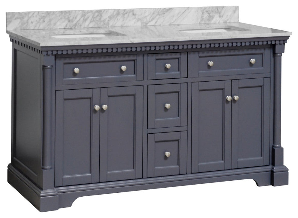 Sydney 60" Bathroom Vanity, Marine Gray, Carrara Marble, Double Sink