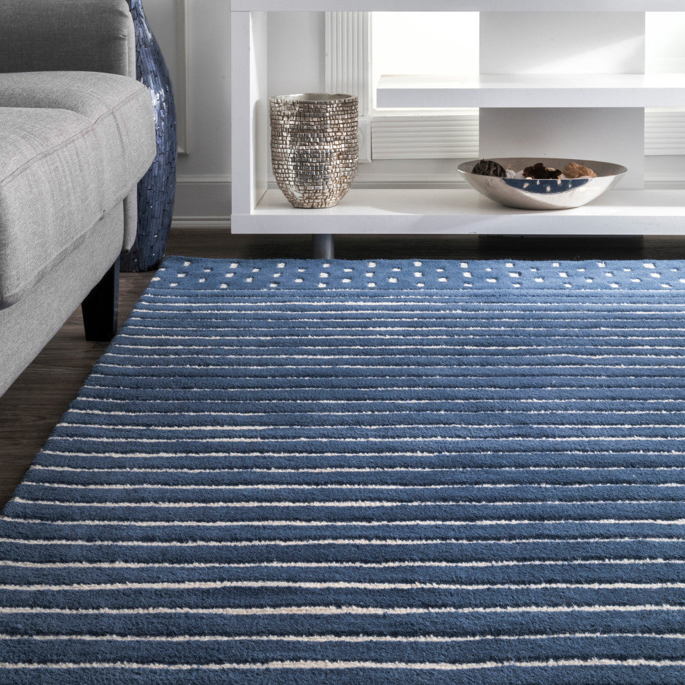 Mandia Striped Wool Area Rug, Navy 6'x9'
