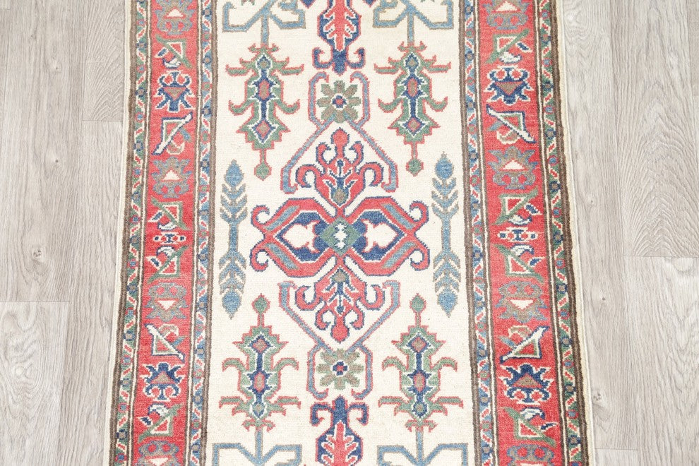 Hand Made Pakistani Oriental Runner Wool Traditional Kazak Rug, Beige, 8'5"X2'9"