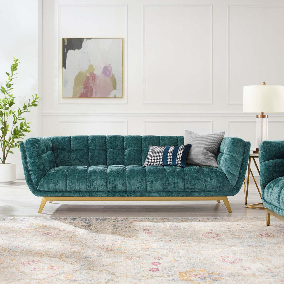 Sofa, Velvet, Teal Blue, Modern, Living Lounge Room Hotel Lobby Hospitality