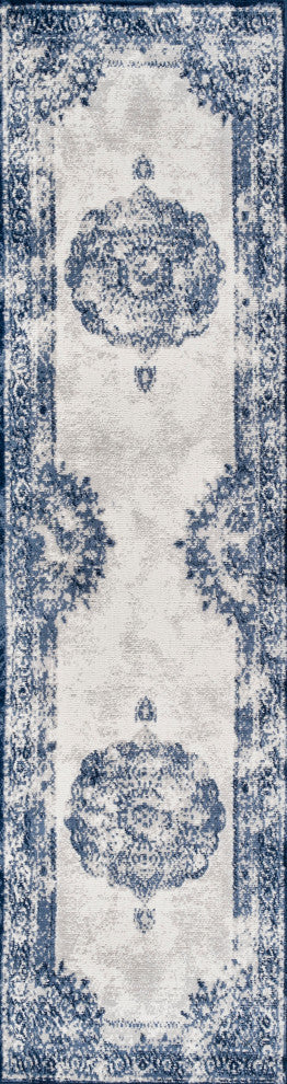 Rosalia Cottage Medallion Area Rug, Dark Blue/Ivory, 2'x8'
