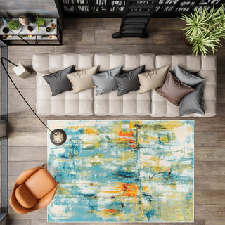 Contemporary POP Modern Abstract Area Rug, Blue/Cream, 8x10